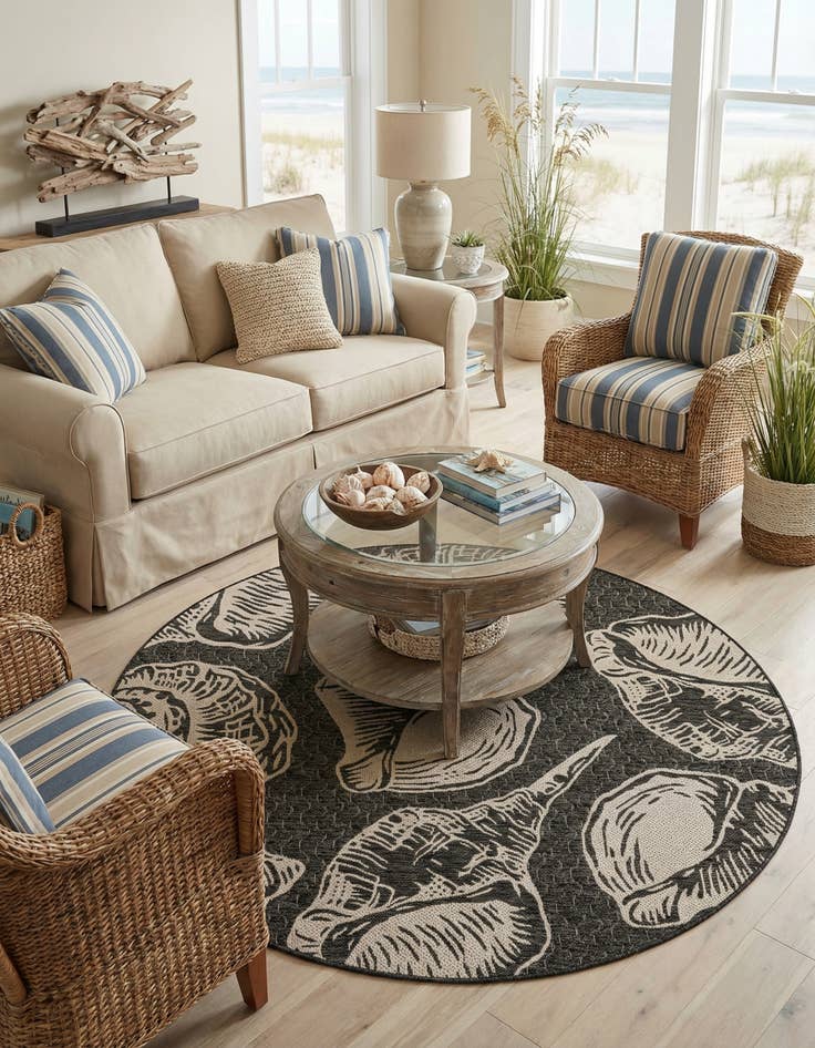 Detail image of 6' x 6'  Washable Coastal Indoor / Outdoor Round Rug