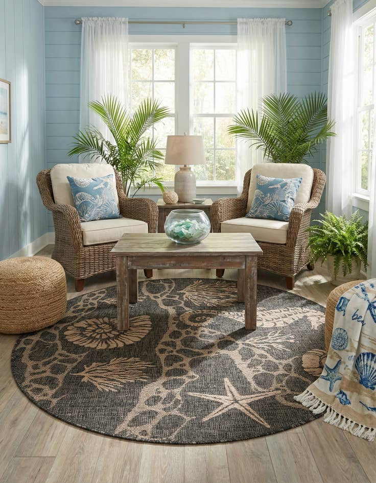 Detail image of 5' 3 x 5' 3  Washable Coastal Indoor / Outdoor Round Rug