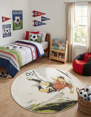 5' 3 x 5' 3 Soccer Player Whimsy Kids Round Rug