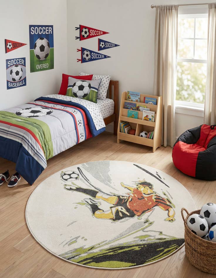 Detail image of 5' 3 x 5' 3 Soccer Player Whimsy Kids Round Rug