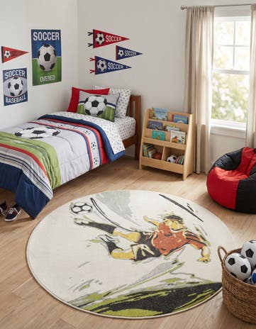 5' 3 x 5' 3 Soccer Player Whimsy Kids Round Rug