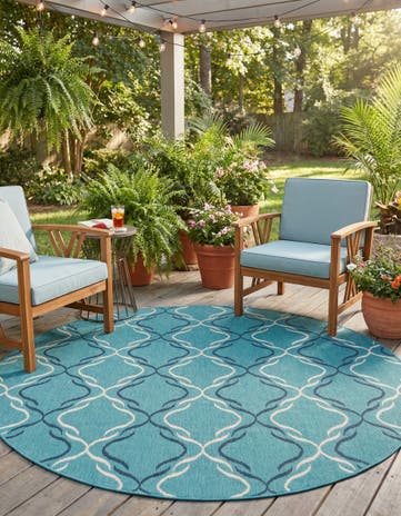 Teal Easy-Clean Lattice Indoor / Outdoor Round Rug