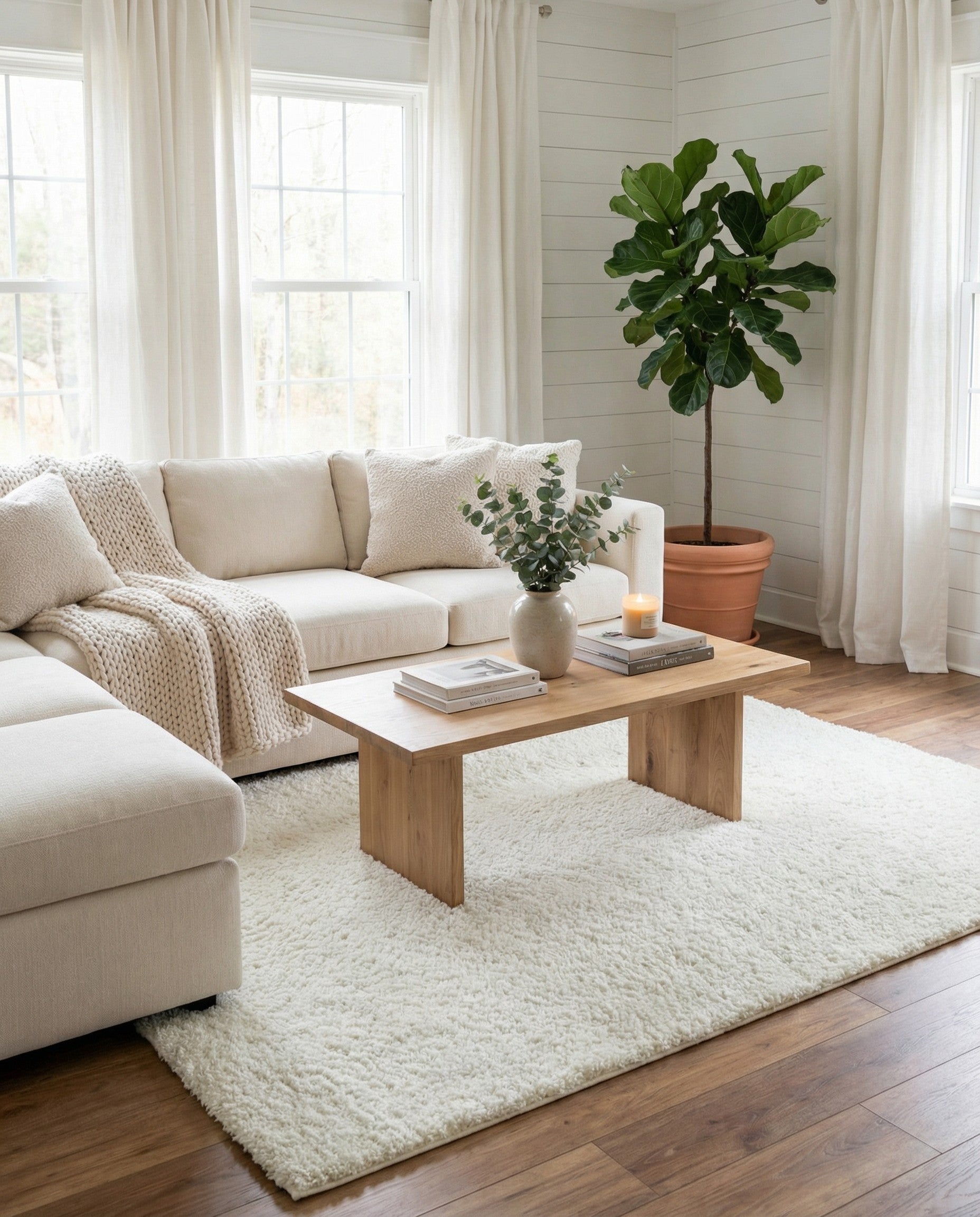 A close-up view of an 8x11 rectangular white shag rug, showcasing its soft, textured pile.