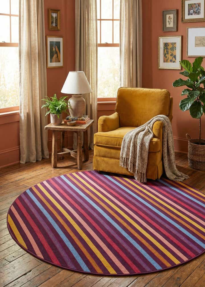 6' x 6' Easy-Clean Striped Indoor / Outdoor Round Rug