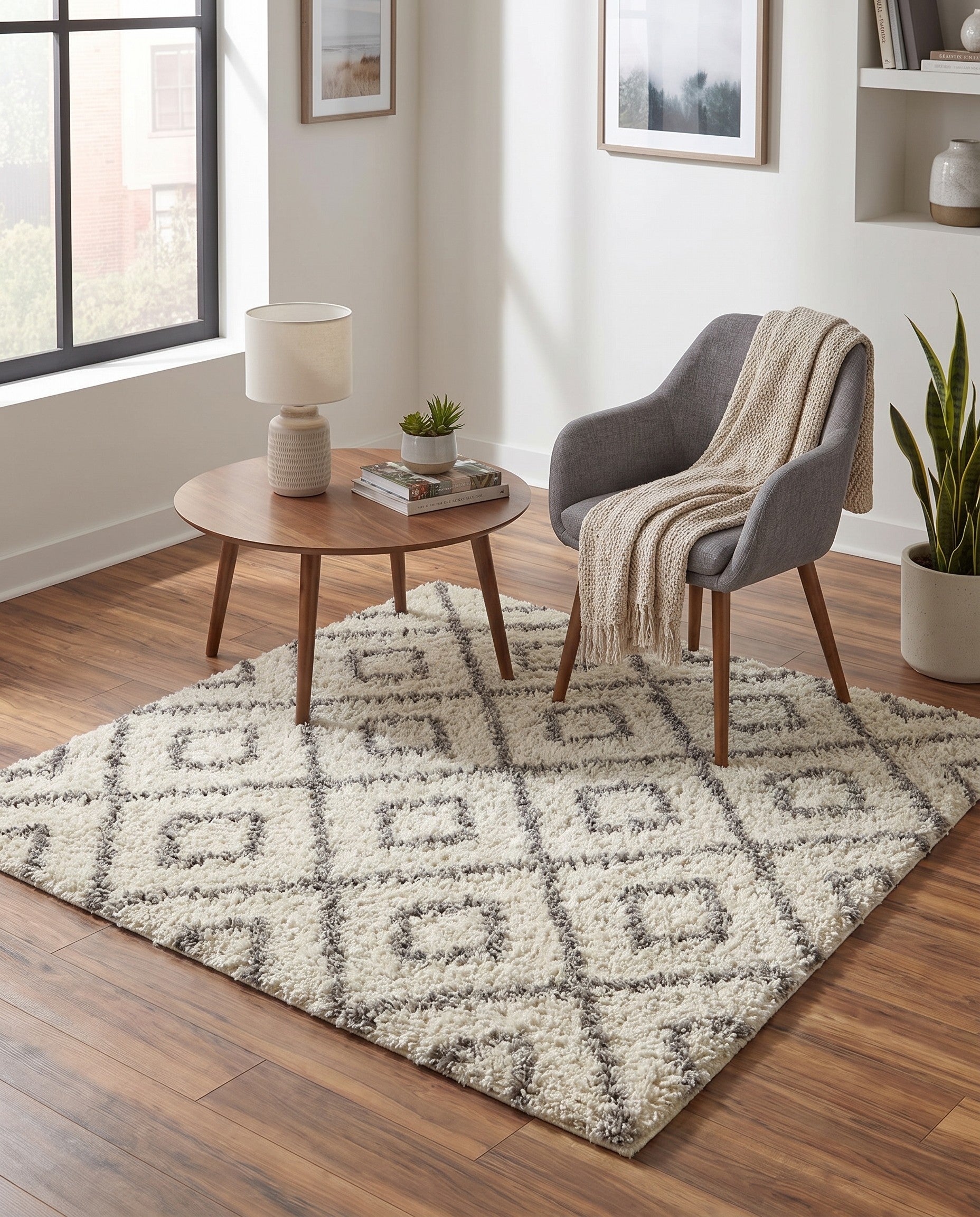 Ivory Lattice Shag Square Rug