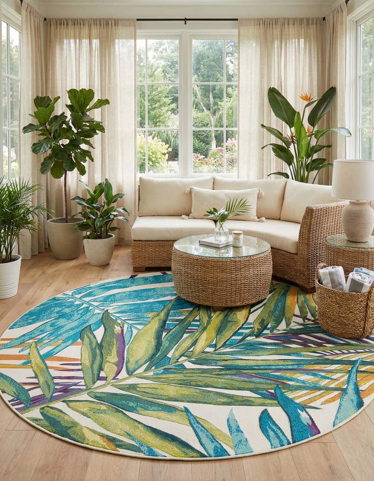 Detail image of  7' 10 x 7' 10  Washable Botanical Indoor / Outdoor Round Rug