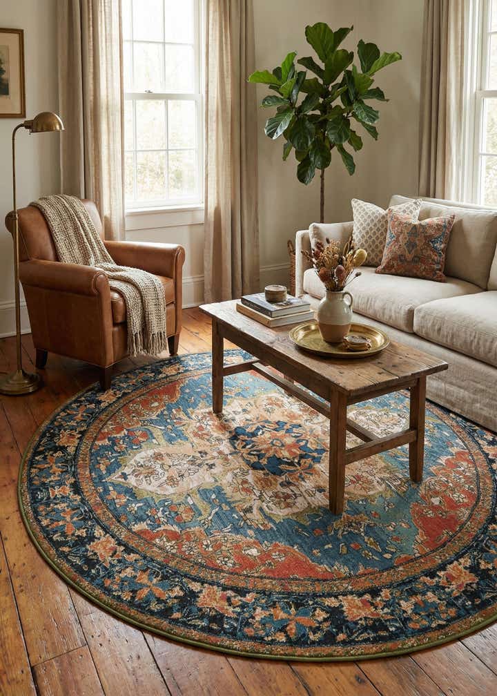 7' 10 x 7' 10 Easy-Clean Traditional Indoor / Outdoor Round Rug