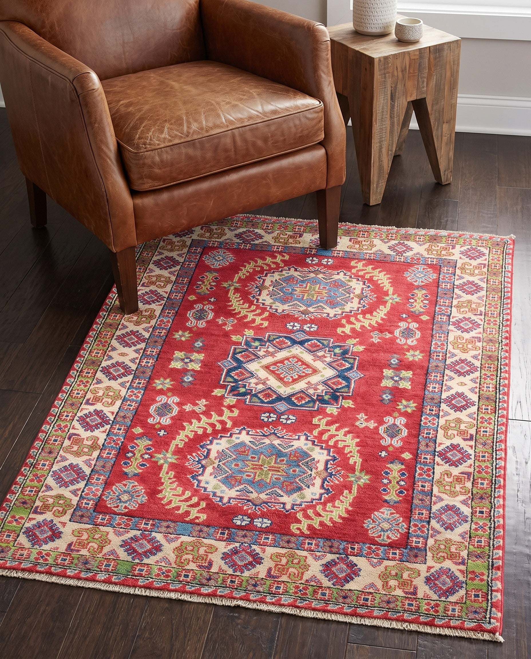 3' 4 x 4' 9 Hand Knotted Kazak Rug