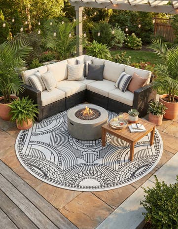 White and Black Easy-Clean Traditional Indoor / Outdoor Round Rug