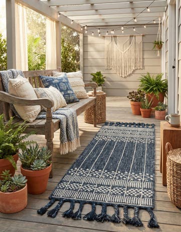 Navy Blue Easy-Clean Eco Bohemian Indoor / Outdoor Runner Rug
