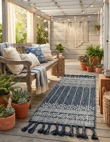 Navy Blue Easy-Clean Eco Bohemian Indoor / Outdoor Runner Rug