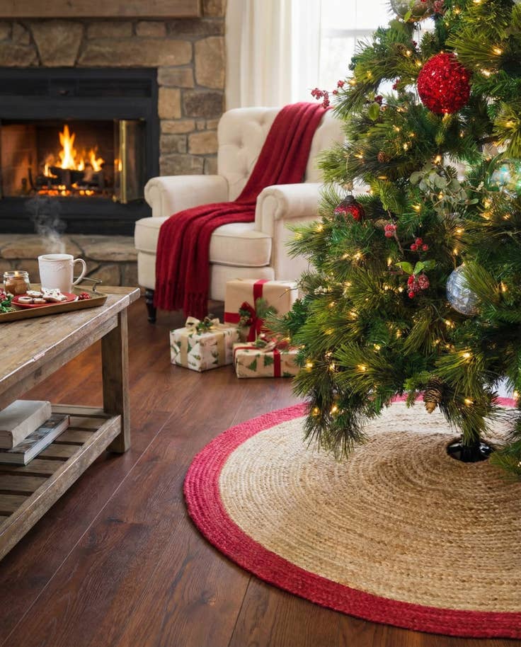 Detail image of 3' 1 x 3' 1 Hand Braided Christmas Tree Skirt