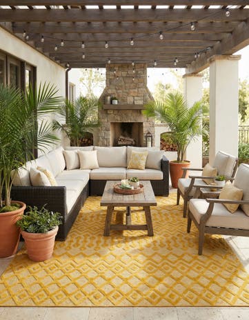 Yellow Easy-Clean Trellis Textured Indoor / Outdoor Rug