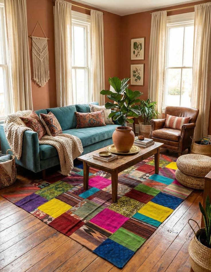 Detail image of  6' 9 x 10'  Hand Woven Kilim Patchwork Wool Rug