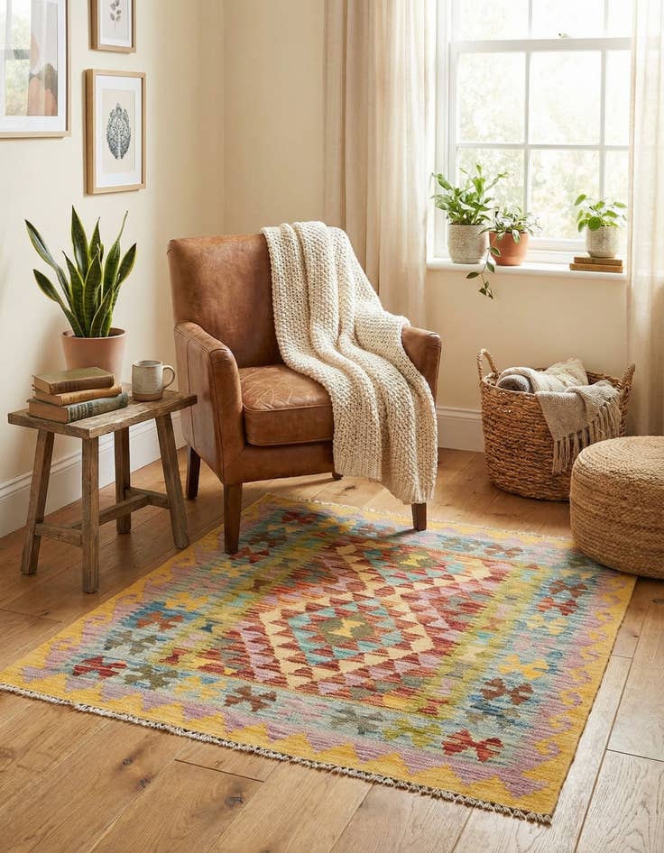 Detail image of 3' 2 x 3' 4  Hand Woven Kilim Maymana Wool Square Rug