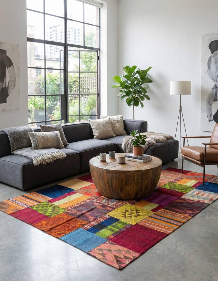 Detail image of 5' 8 x 8'  Hand Woven Kilim Patchwork Wool Rug