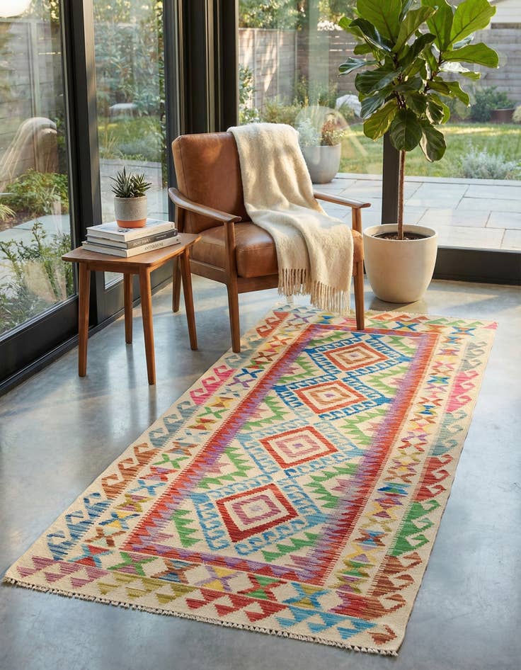 Detail image of 3' 4 x 6' 7  Hand Woven Kilim Maymana Wool Runner Rug