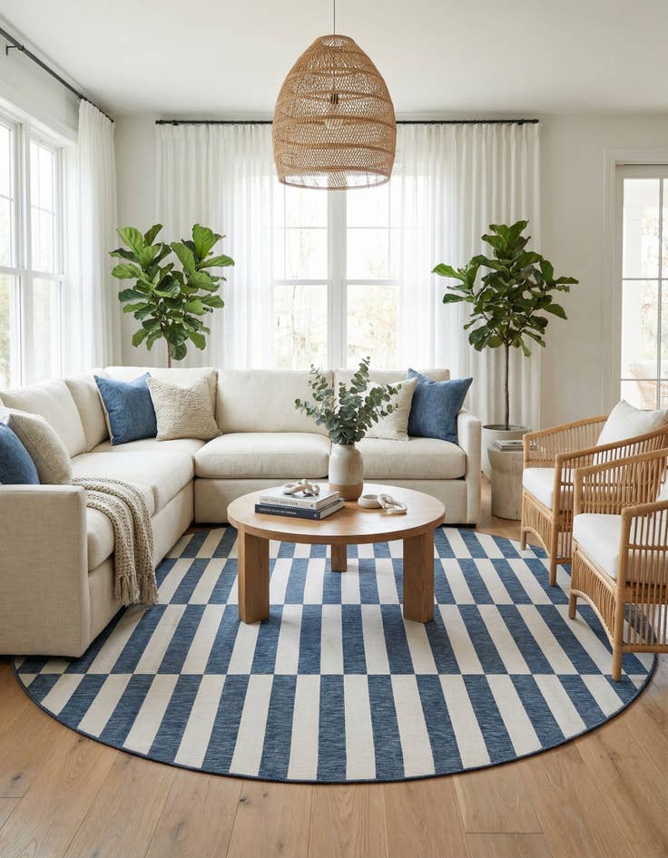 Detail image of 12' x 12'  Washable Striped Indoor / Outdoor Round Rug