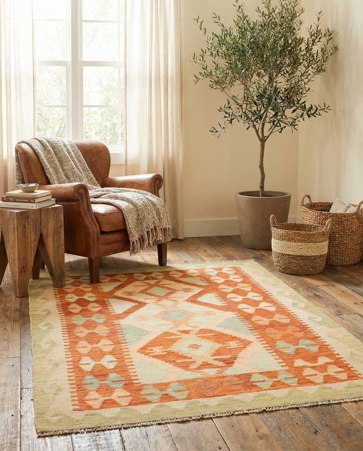 Detail image of 3' 3 x 4' 10 Hand Woven Kilim Waziri Wool Rug