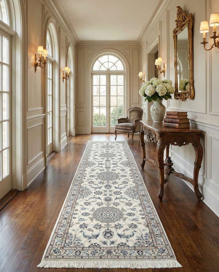 100cm x 420cm Hand Knotted Nain Persian Wool Runner Rug