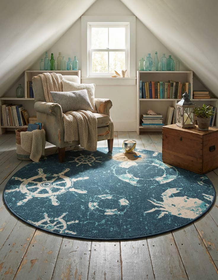 Detail image of 4' x 4'  Washable Coastal Indoor / Outdoor Round Rug
