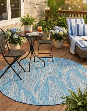 Light Aqua Easy-Clean Botanical Indoor / Outdoor Round Rug