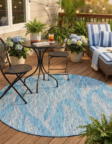 Light Aqua Easy-Clean Botanical Indoor / Outdoor Round Rug