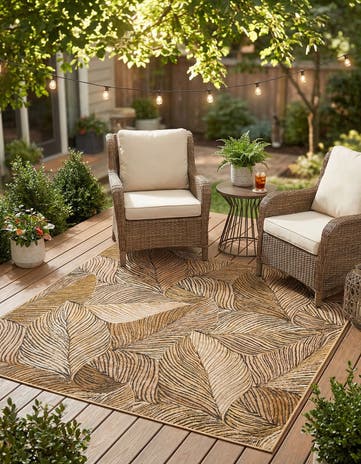 Brown and Beige Easy-Clean Botanical Indoor / Outdoor Square Rug