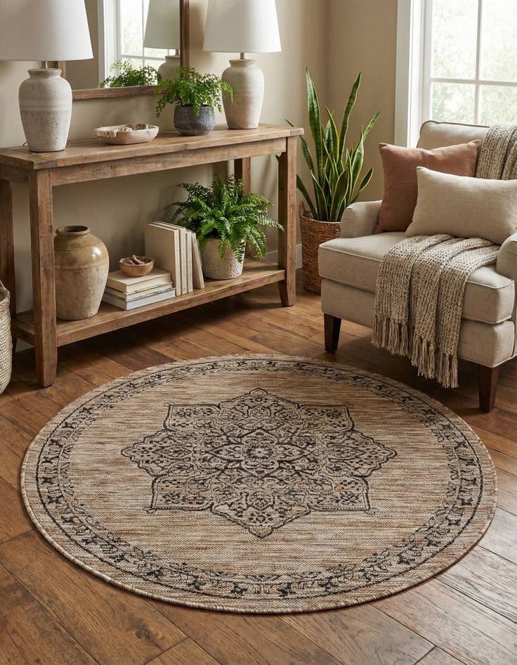 Detail image of 4' x 4' Easy-Clean Traditional Indoor / Outdoor Round Rug