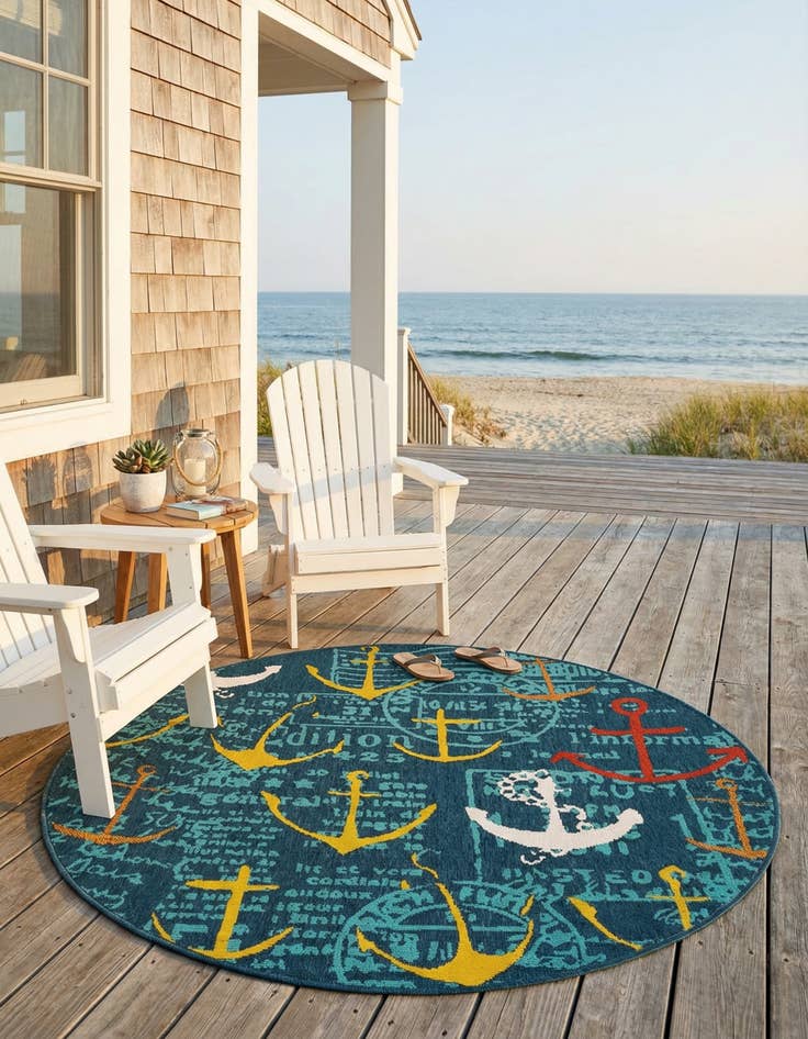 Detail image of 5' x 5'  Washable Coastal Indoor / Outdoor Round Rug