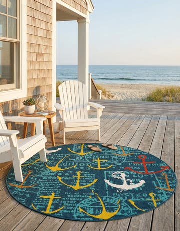 Navy Blue Easy-Clean Coastal Indoor / Outdoor Round Rug