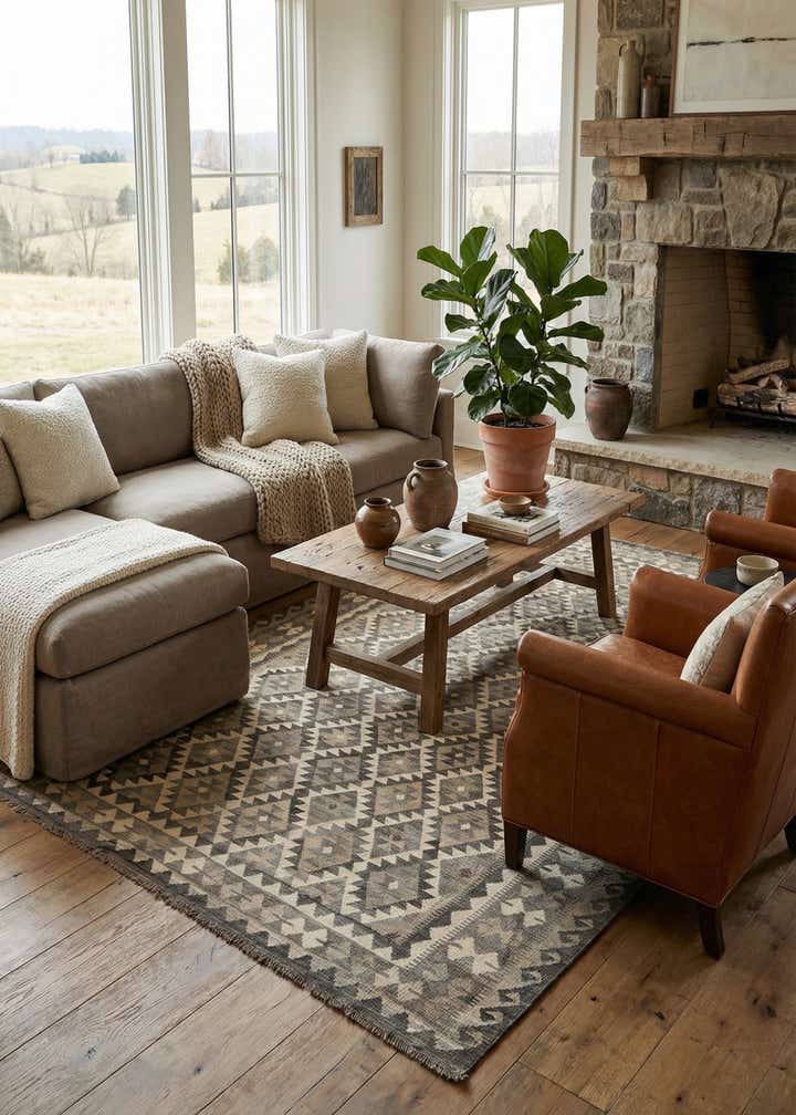 7' x 9' 10 Hand Woven Kilim Maymana Wool Rug