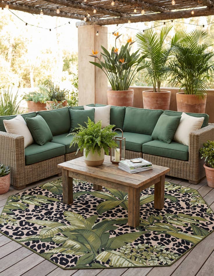 Detail image of 7' x 7'  Washable Botanical Indoor / Outdoor Octagon Rug