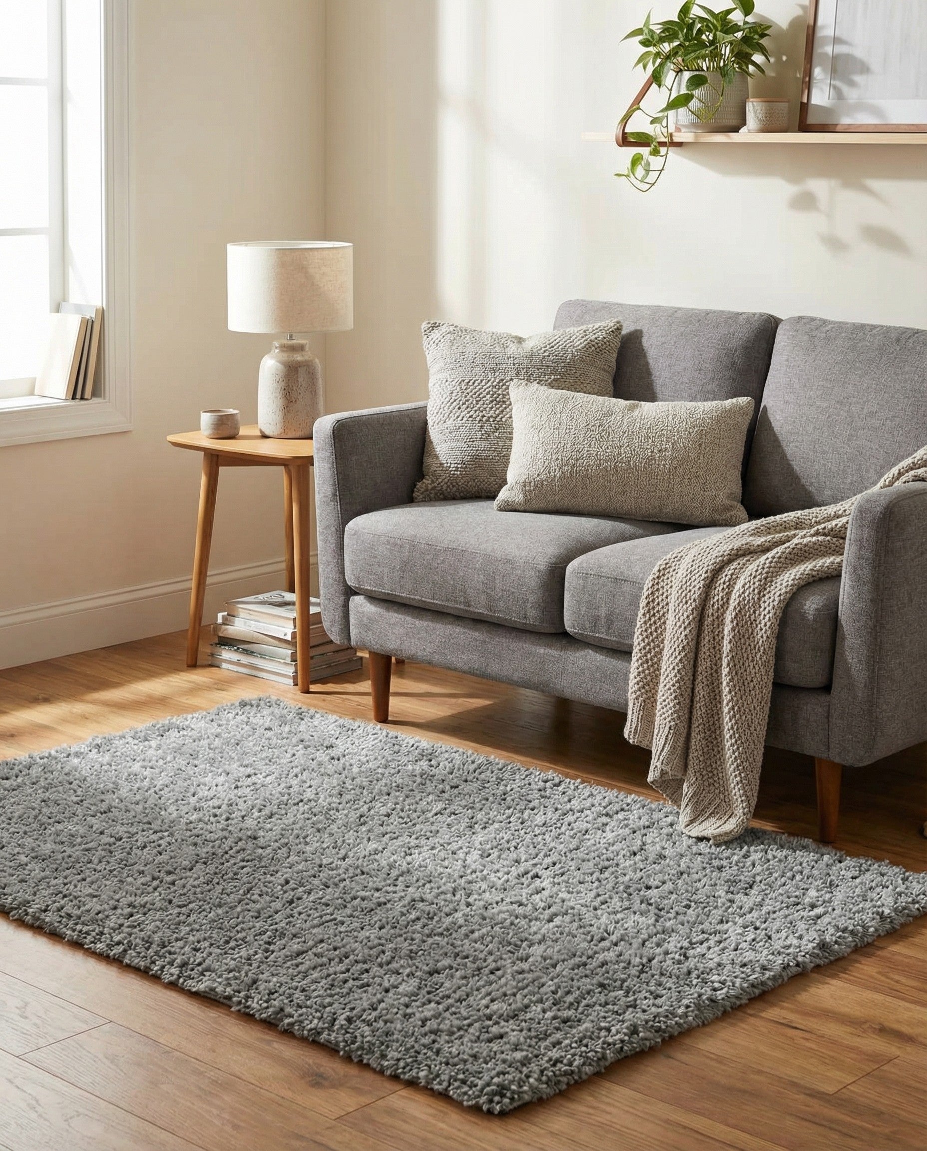 A soft, rectangular 2x3 gray shag rug with a textured pile, ideal for adding comfort to any indoor space.