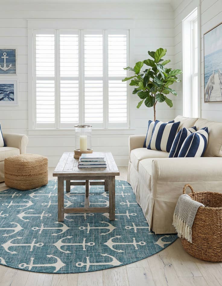 Detail image of 10' x 10'  Washable Coastal Indoor / Outdoor Round Rug