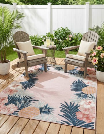 Pink Easy-Clean Botanical Indoor / Outdoor Rug