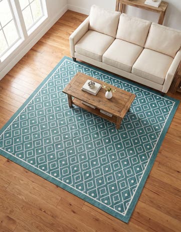 Teal Easy-Clean Lattice Indoor / Outdoor Square Rug