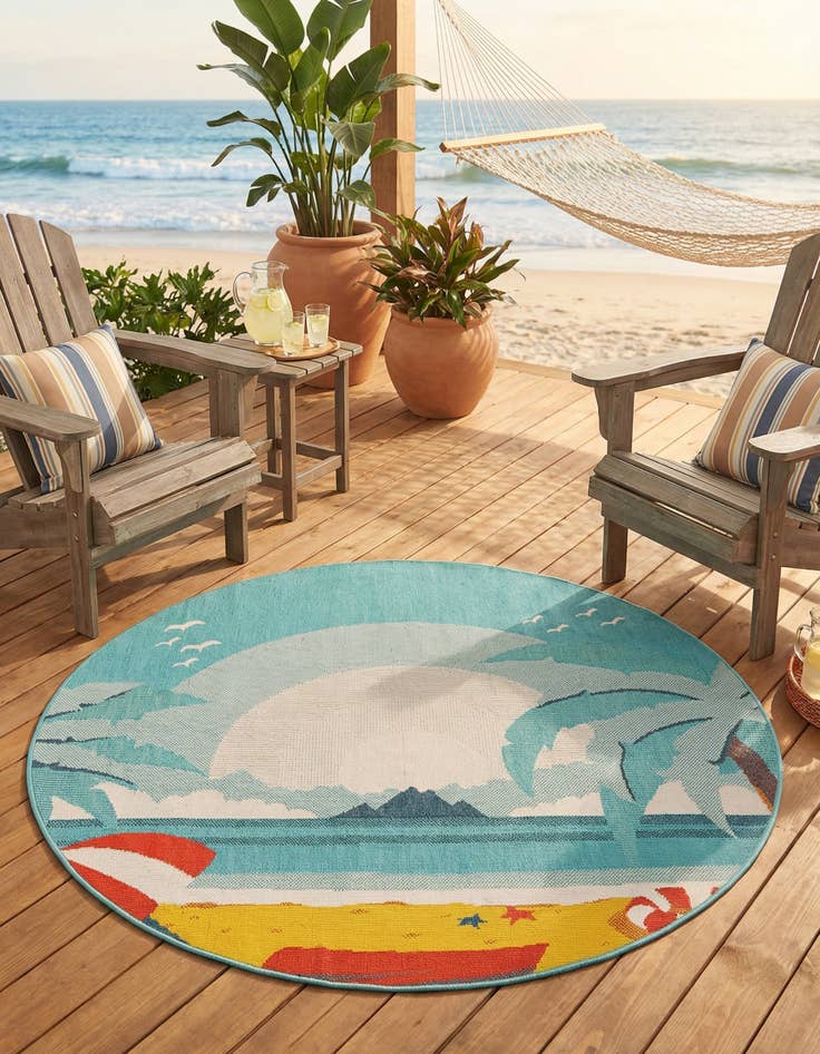 Detail image of 5' x 5'  Washable Coastal Indoor / Outdoor Round Rug