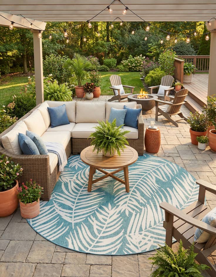 Detail image of 10' x 10'  Washable Botanical Indoor / Outdoor Round Rug