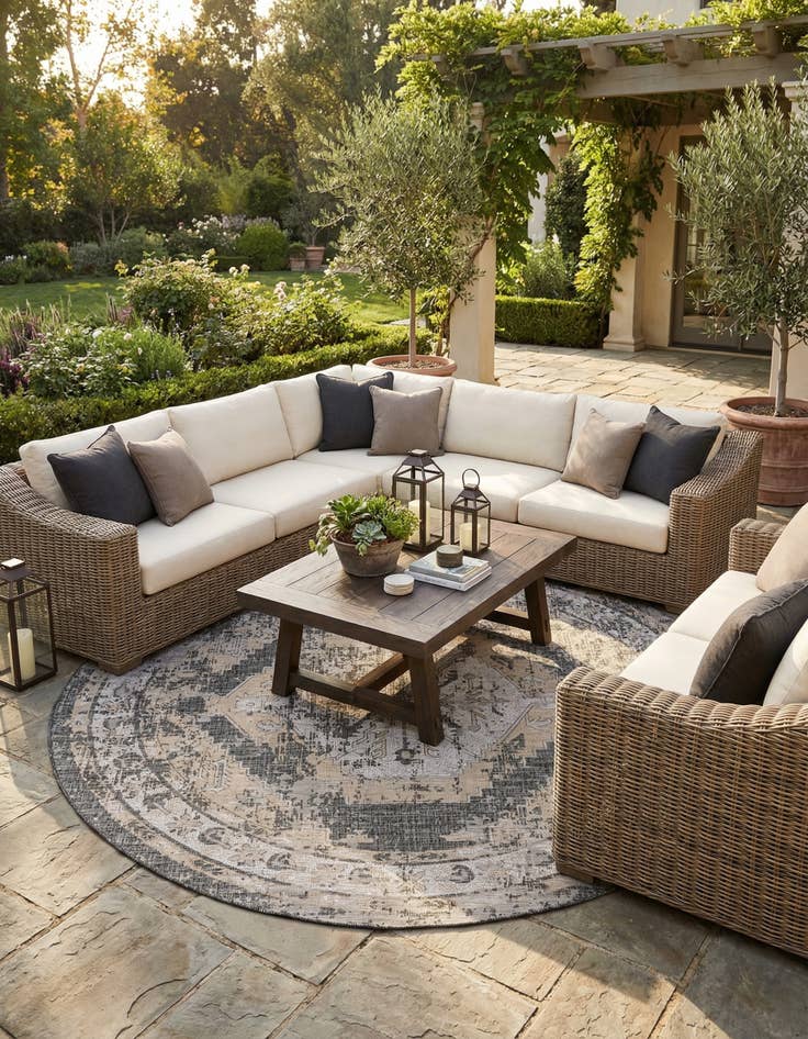 Detail image of 13' x 13' Easy-Clean Traditional Indoor / Outdoor Round Rug