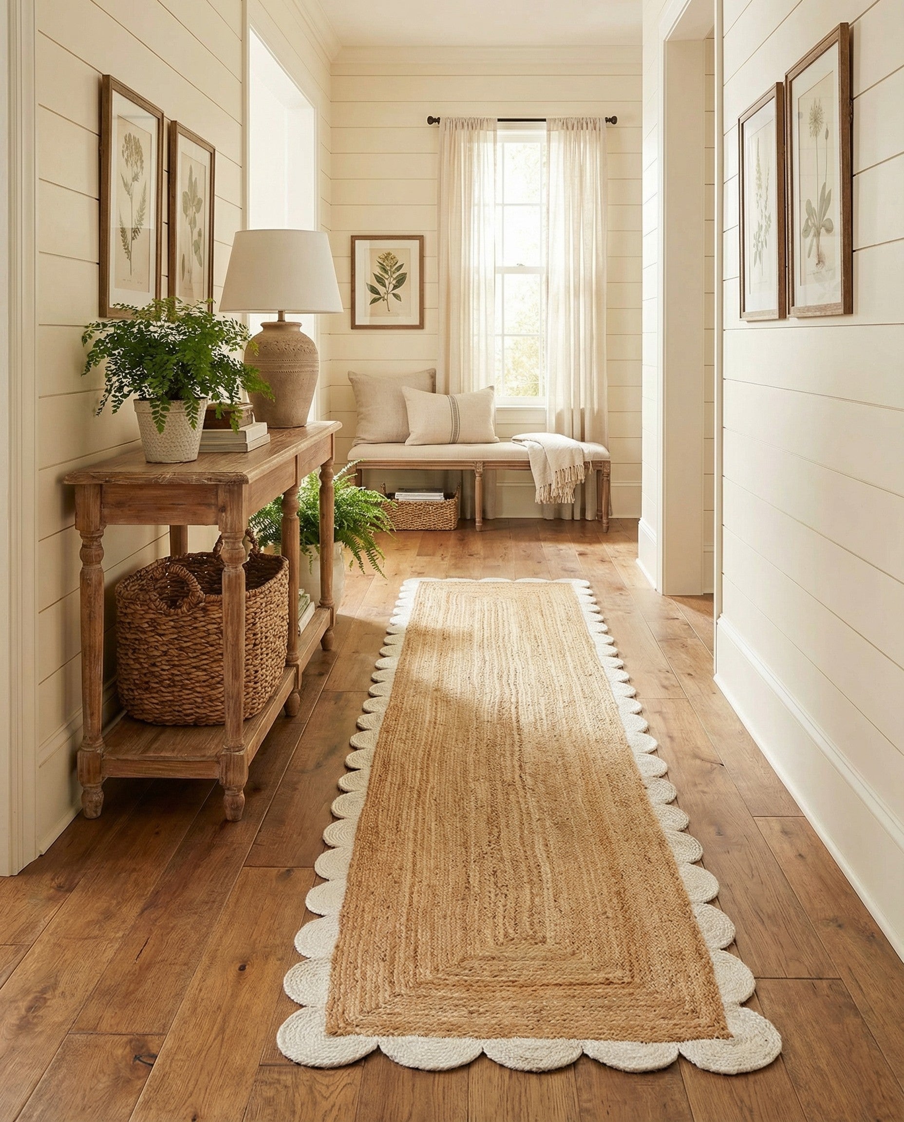 A 14 ft natural jute runner rug with a distinctive ivory scalloped border, perfect for a hallway.