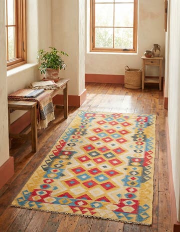 3' 3 x 6' 7 Hand Woven Kilim Maymana Wool Runner Rug