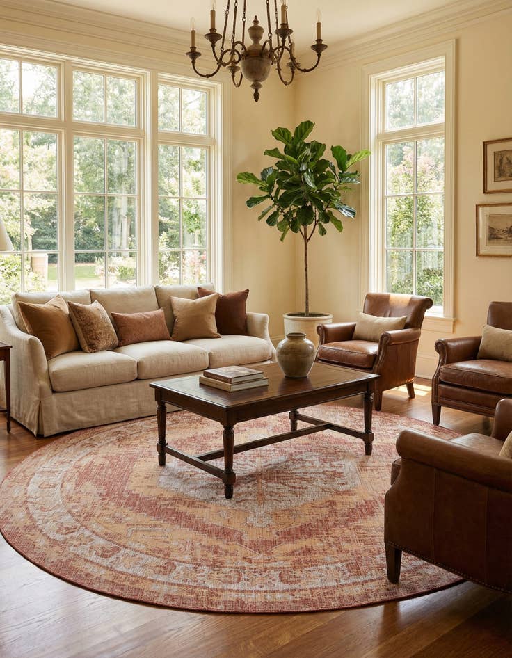 Detail image of  13' x 13'  Washable Traditional Indoor / Outdoor Round Rug