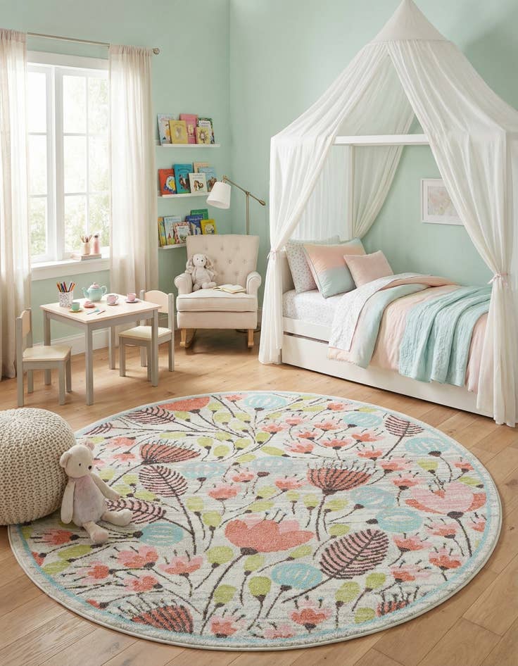 Detail image of 7' 10 x 7' 10 Flowers Whimsy Kids Round Rug