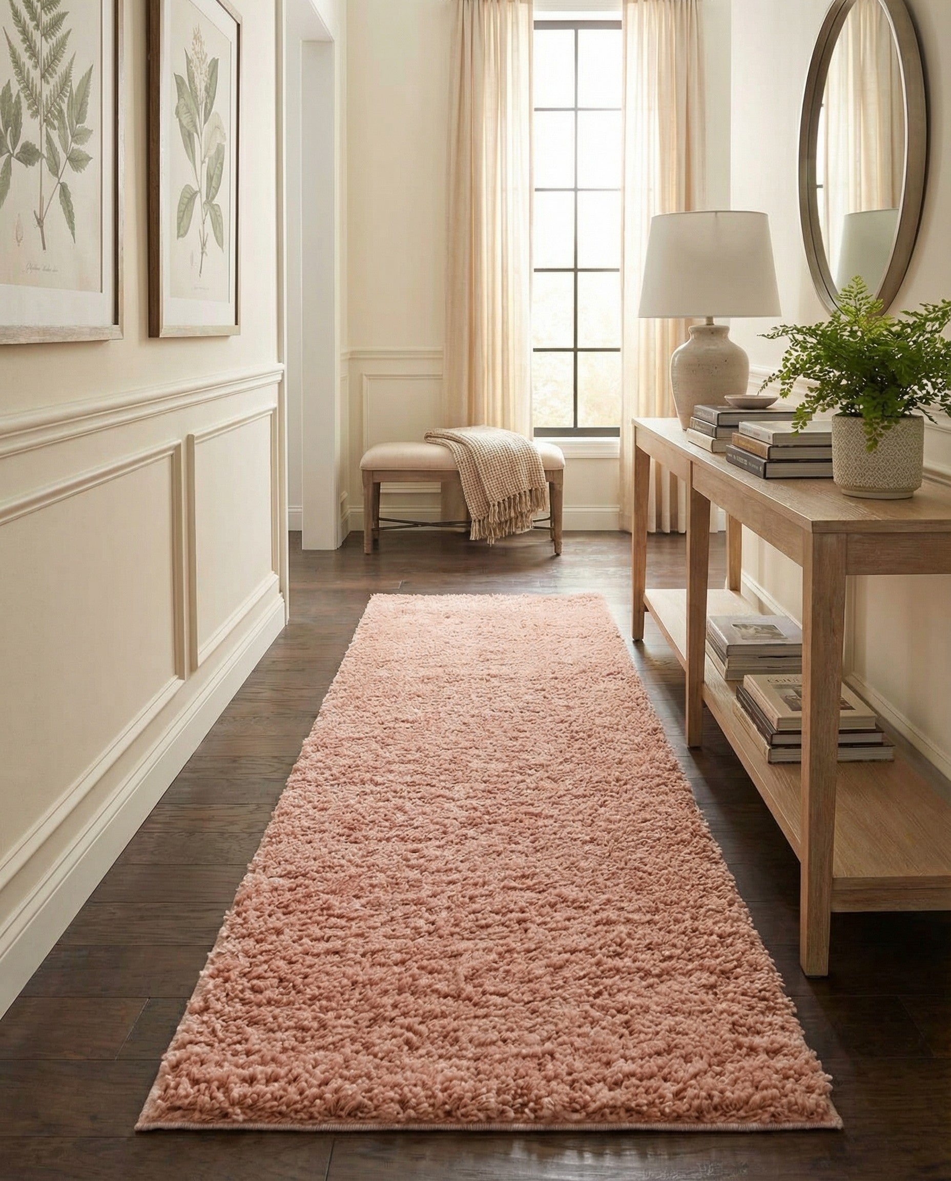 A long, rectangular 20 ft runner rug in a solid pinkish-red shag texture, ideal for a hallway.
