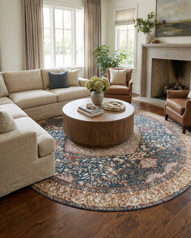 Detail image of 10' x 10' Easy-Clean Traditional Indoor / Outdoor Round Rug