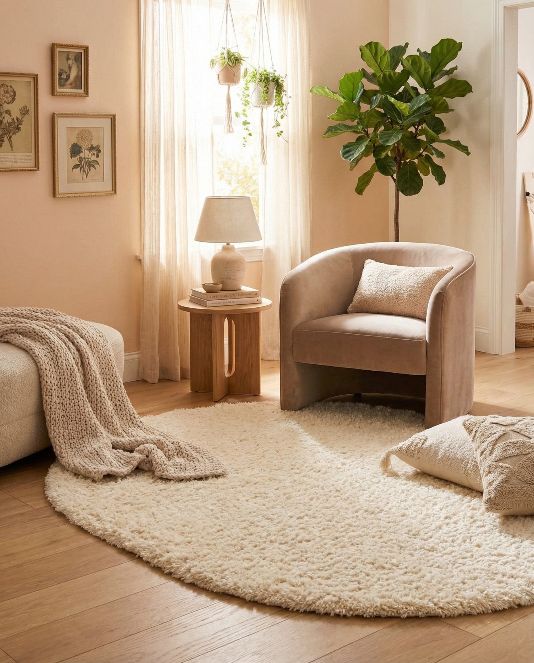 An oval 5'3" x 8'0" ivory shag rug with a plush, textured pile, perfect for adding comfort to any indoor space.