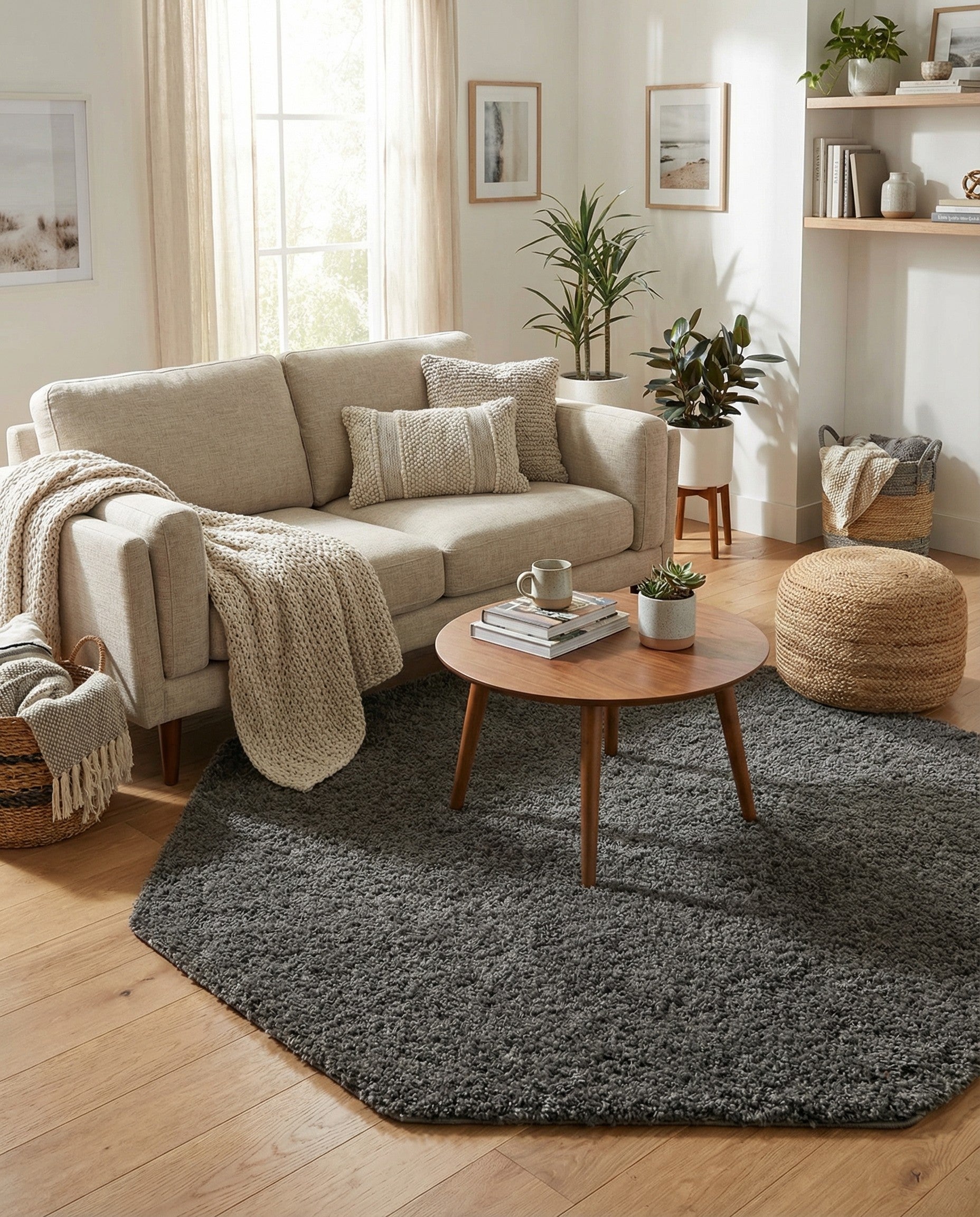 A 6' 0 x 6' 0 octagon-shaped gray shag rug with a plush, textured pile, suitable for modern indoor spaces.