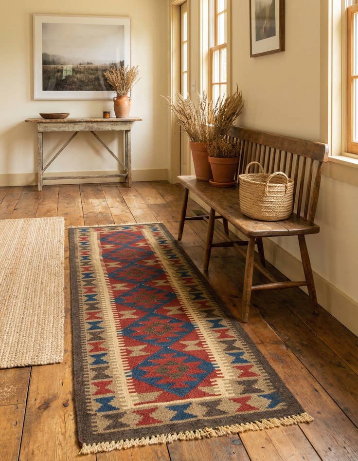 Detail image of 2' x 6' 5  Hand Woven Kilim Maymana Wool Runner Rug