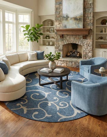 Blue Easy-Clean Botanical Indoor / Outdoor Round Rug